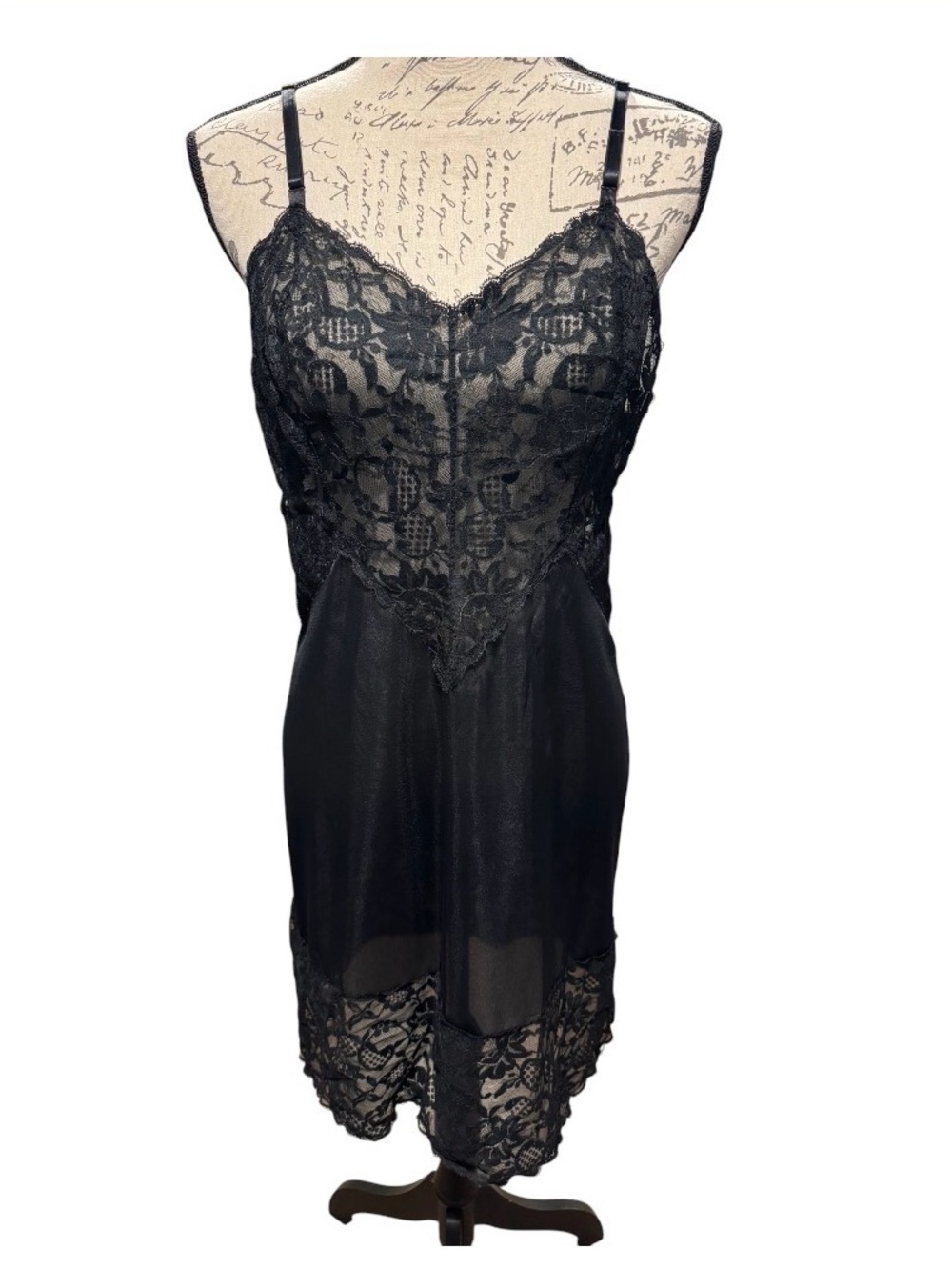 Vintage Vanity Fair Black Lace Bodice Full Slip Dress Size 36 Large Made in USA - Picture 1 of 9
